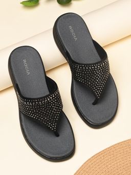 ROCIA - By Regal Black Women Diamante Studded Comfort Wedges Heels