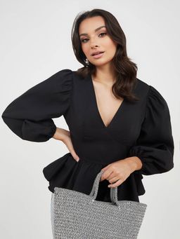 Styli - Black Balloon Long Sleeve V Neck Peplum Top