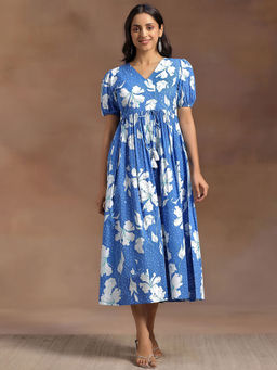Libas - Blue Floral Printed Fit and Flared A-Line Dress with Pocket