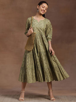 Libas - Green Ethnic Motif Printed Panelled A-Line Dress with Pocket