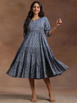 Libas - Blue Ethnic Motif Printed Panelled A-Line Dress with Pocket