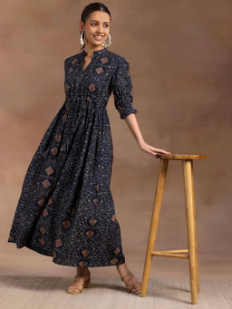 Libas - Navy Blue Ethnic Motif Bandhani Printed Fit and Flared Dress
