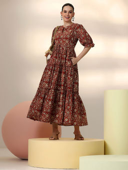 Libas - Rust Floral Printed Fit and Flared Dress