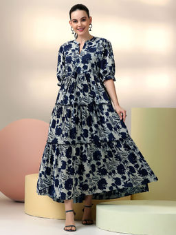Libas - Indigo Floral Printed Fit and Flared Dress