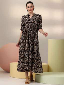 Libas - Black Floral Printed Fit and Flared Dress