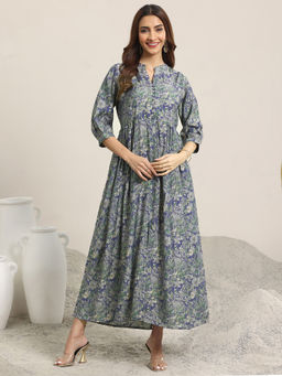 Libas - Blue Floral Printed A-Line Pleated Dress with Front Slit and Pocket