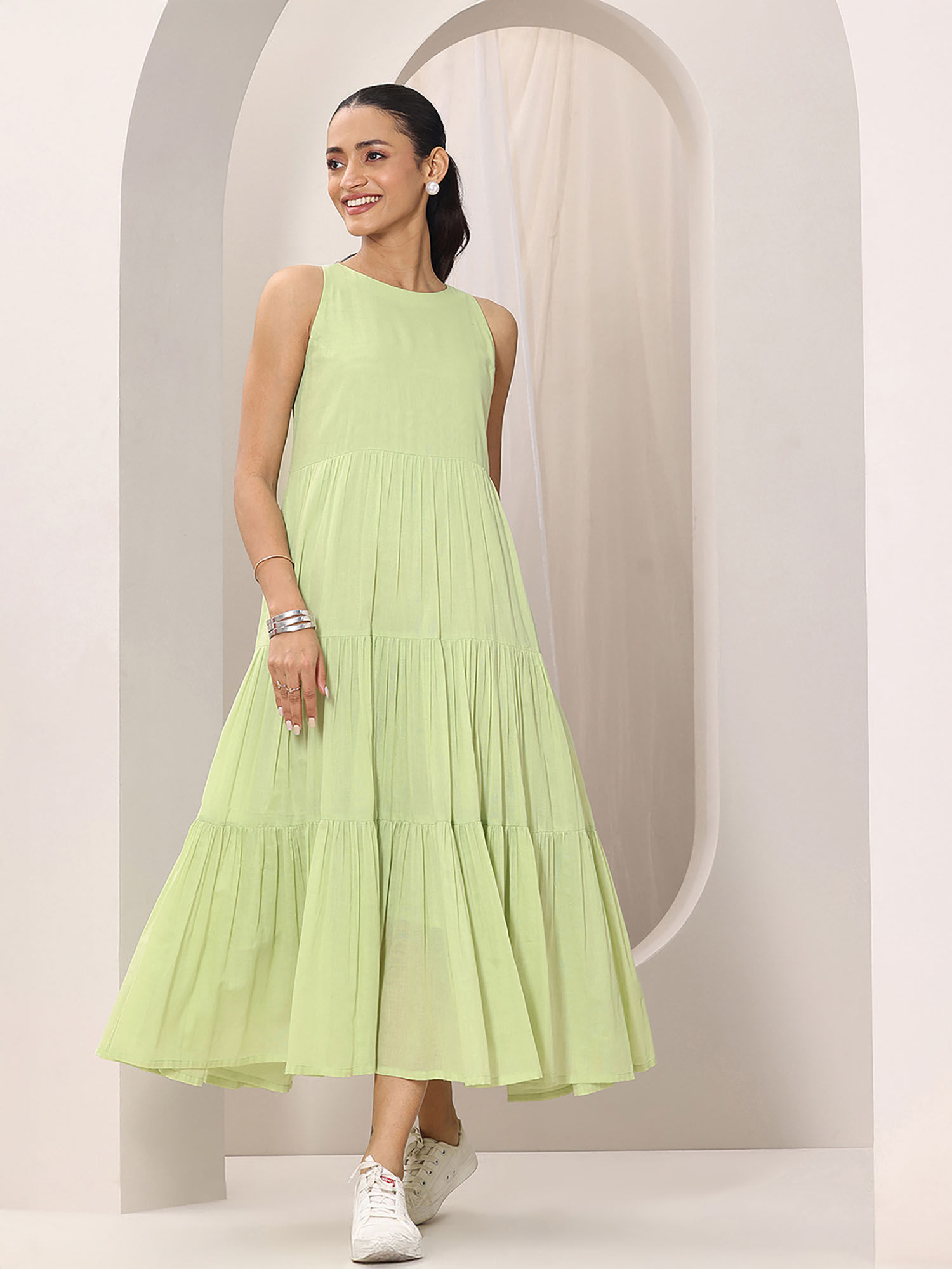 libas Light Green Fit and Flared Solid Dress-picture-12