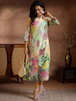 Libas - Multi-Color Floral Printed Panelled A-Line Linen Dress
