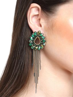 Yellow Chimes - Floral Shaped Crystal Green Long Chain Dangler Earrings