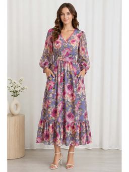 GULABiDRESS - Women's Floral Chiffon Midi Dress With Belt