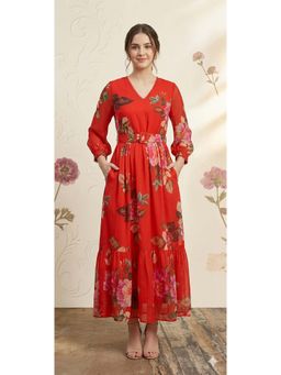 GULABiDRESS - Elegant Red Floral Chiffon Maxi Dress With Belt