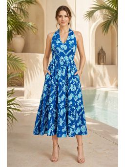 GULABiDRESS - Blue Floral Cotton Tier Midi Dress For Women