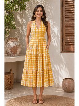 GULABiDRESS - Yellow Checked Cotton Tier Midi Dress
