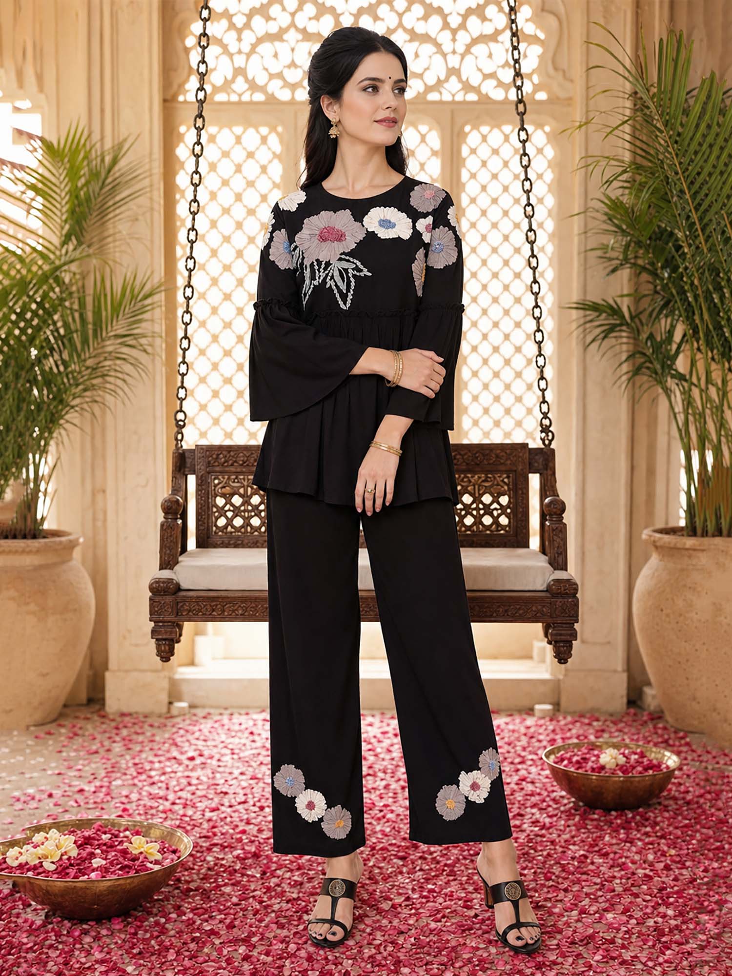 zummer Black Rayon Applique Round Neck Co-Ord Set-picture-16