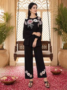 ZUMMER - Black Rayon Applique Round Neck Co-Ord Set
