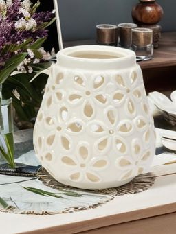 At Home by Nilkamal - Flora Cutwork Lantern cum Candle Holder|Pack of 1|12.7 cm x 20.7 cm|White