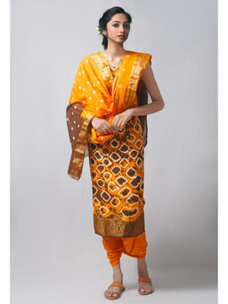 Unnati Silks - Unstitched Orange Ochre Pure Bandhani Cotton Salwar Kameez (Set of 3)