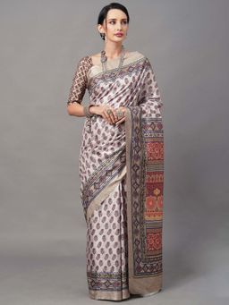 Akhilam - Women Dola Silk Beige Digital Print Designer Saree with Unstitched Blouse