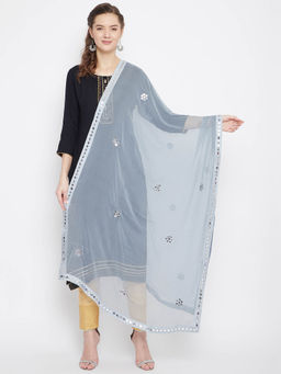 Clora Creation - Grey Chiffon Dupatta with Mirror Work