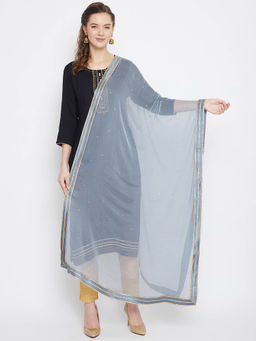 Clora Creation - Grey Sequinned Chiffon Dupatta with Golden Border