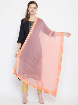 Clora Creation - Peach Sequinned Chiffon Dupatta with Golden Border
