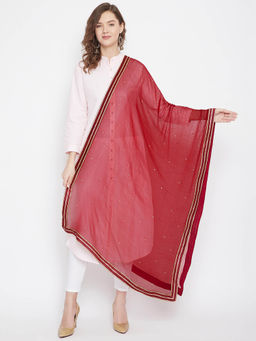 Clora Creation - Maroon Sequinned Chiffon Dupatta with Golden Border