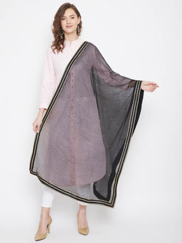 Clora Creation - Black Sequinned Chiffon Dupatta with Golden Border