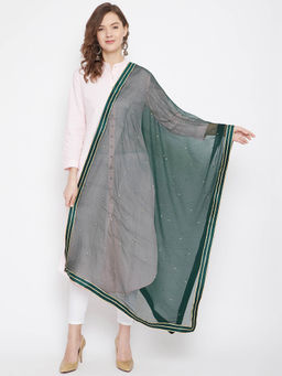 Clora Creation - Green Sequinned Chiffon Dupatta with Golden Border