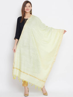 Clora Creation - Cream Tussar Silk Solid Dupatta with Golden Border and Tassels
