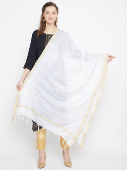 Clora Creation - White Tussar Silk Solid Dupatta with Golden Border and Tassels