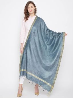 Clora Creation - Grey Tussar Silk Solid Dupatta with Golden Border and Tassels