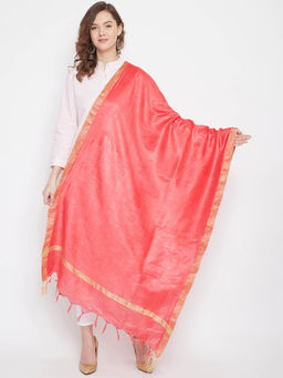 Clora Creation - Peach Tussar Silk Solid Dupatta with Golden Border and Tassels