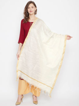 Clora Creation - White Tussar Silk Solid Dupatta with Golden Border and Tassels
