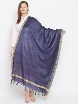 Clora Creation - Navy Blue Tussar Silk Solid Dupatta with Golden Border and Tassels