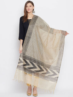 Clora Creation - Beige Geometric Printed Cotton Silk Dupatta
