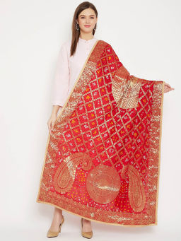 Clora Creation - Red Printed Design Banarasi Bandhej Dupatta