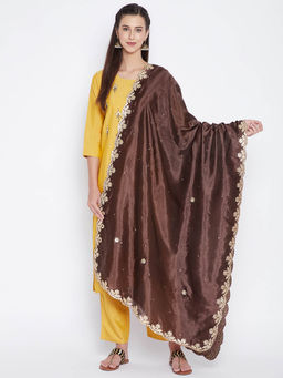 Clora Creation - Coffee Brown Silk Blend Dupatta with Lace Border