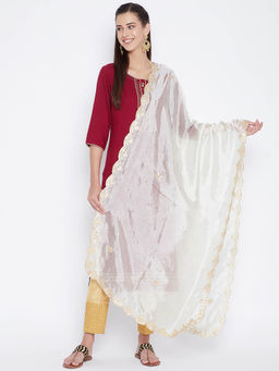 Clora Creation - White Silk Blend Dupatta with Lace Border