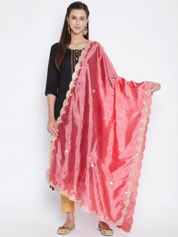 Clora Creation - Pink Silk Blend Dupatta with Lace Border