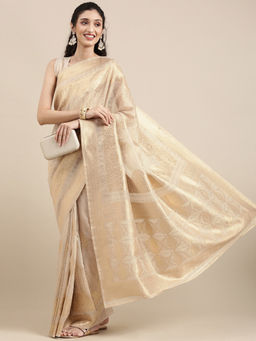 Akhilam - Cream Festive Silk Blend Embroidered Saree With Unstitched Blouse