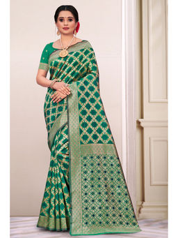 Sangam Prints - Green Woven Zari Work Traditional Saree with Unstitched Blouse