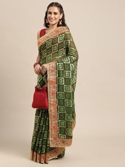 Vastranand - Green & Golden Sequinned Bandhani Saree with Unstitched Blouse