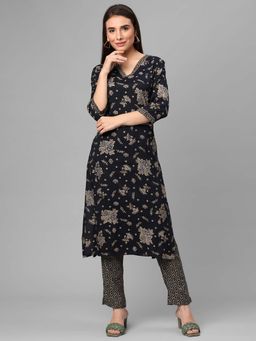 Shree - Women Rayon Navy Blue Floral Printed Kurta With Trouser (Set Of 2)