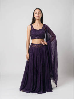 NIYARA INDIA - Anvita Deep Purple Sequinned Lehenga With Crop Top Attached Dupatta