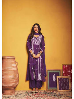 House of Chikankari - Sonam Purple Chanderi Chikankari Kurta With Pant And Dupatta