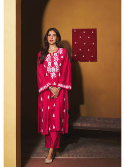 House of Chikankari - Sonam Pink Chanderi Chikankari Kurta With Pant