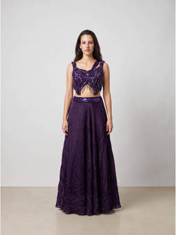 NIYARA INDIA - Lavanya Royal Purple Lehenga With Crop Top Attached Dupatta