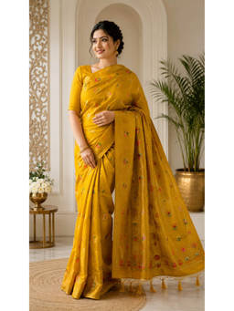 Kalakriti By Rachna - Yellow Murshidabad Silk Saree