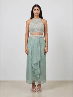 NIYARA INDIA - Saumya Mint Green Pearl-Embellished Halter Blouse With Skirt
