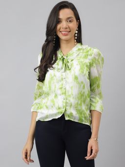 Latin Quarters - Women Green Printed 3 4th Sleeve with Tie Up Neck Shirt Top